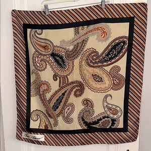 Vintage Bill Blass Brown, Tan, Rust & Cream Paisley Very Large Silk Scarf